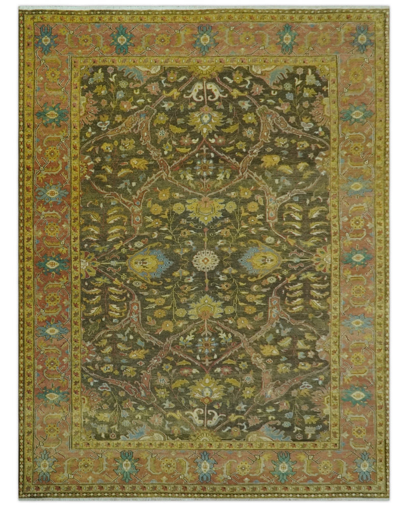 Antique Style Fine Hand Knotted 8.4x11.8 Olive, Rust an Mustard Traditional wool area rug