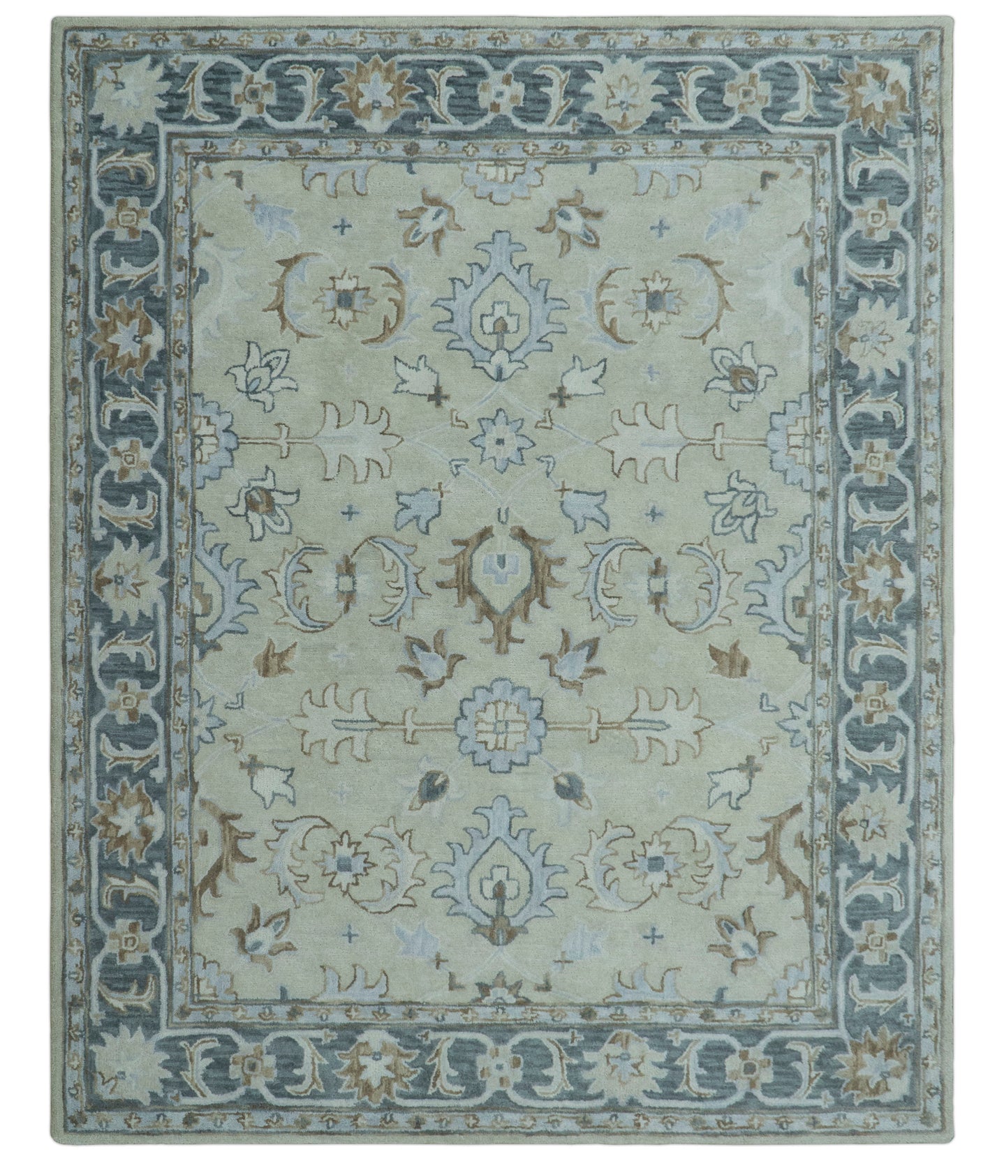 Traditional Oushak Design Beige And Blue Hand Tufted Custom Made Wool Rug