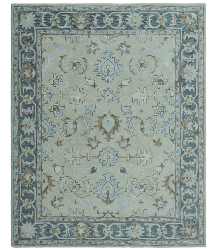 Traditional Oushak Design Beige And Blue Hand Tufted Custom Made Wool Rug