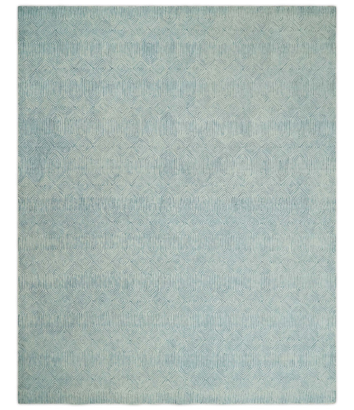 Quick Ship Teal And Ivory Modern Contemporary Hand Tufted 5x8 Wool Rug