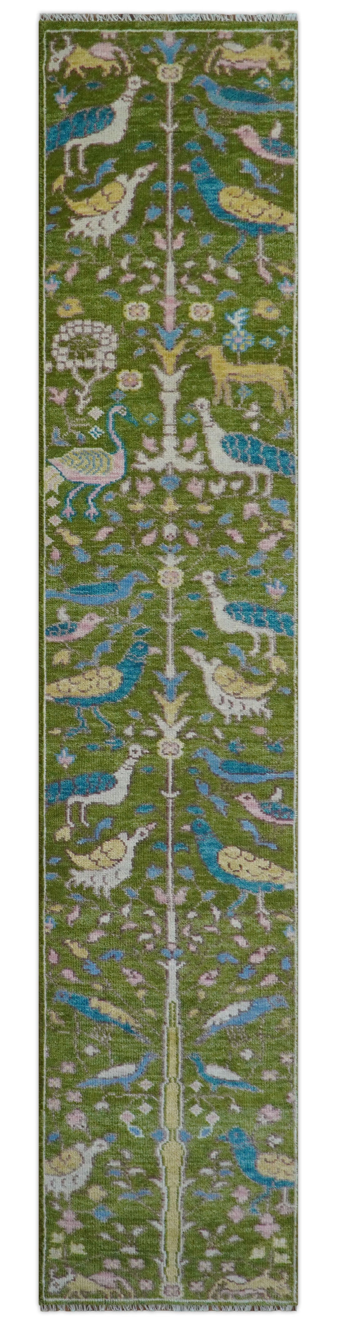 Custom Made Hand Knotted Jungle Life Peacock Green Runner Wool Rug
