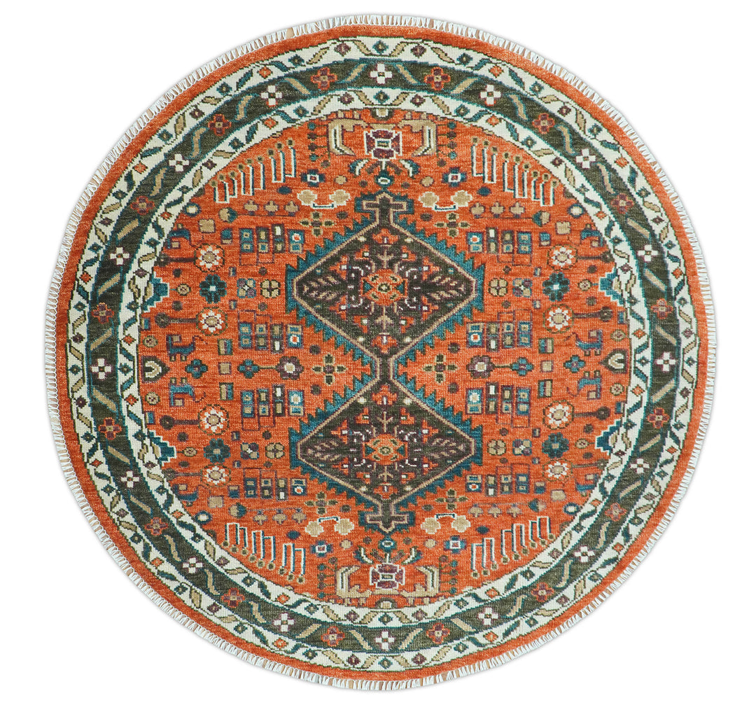 Quick Ship 8x8 Round Rust and Brown Traditional Oriental Hand Knotted Area Rug