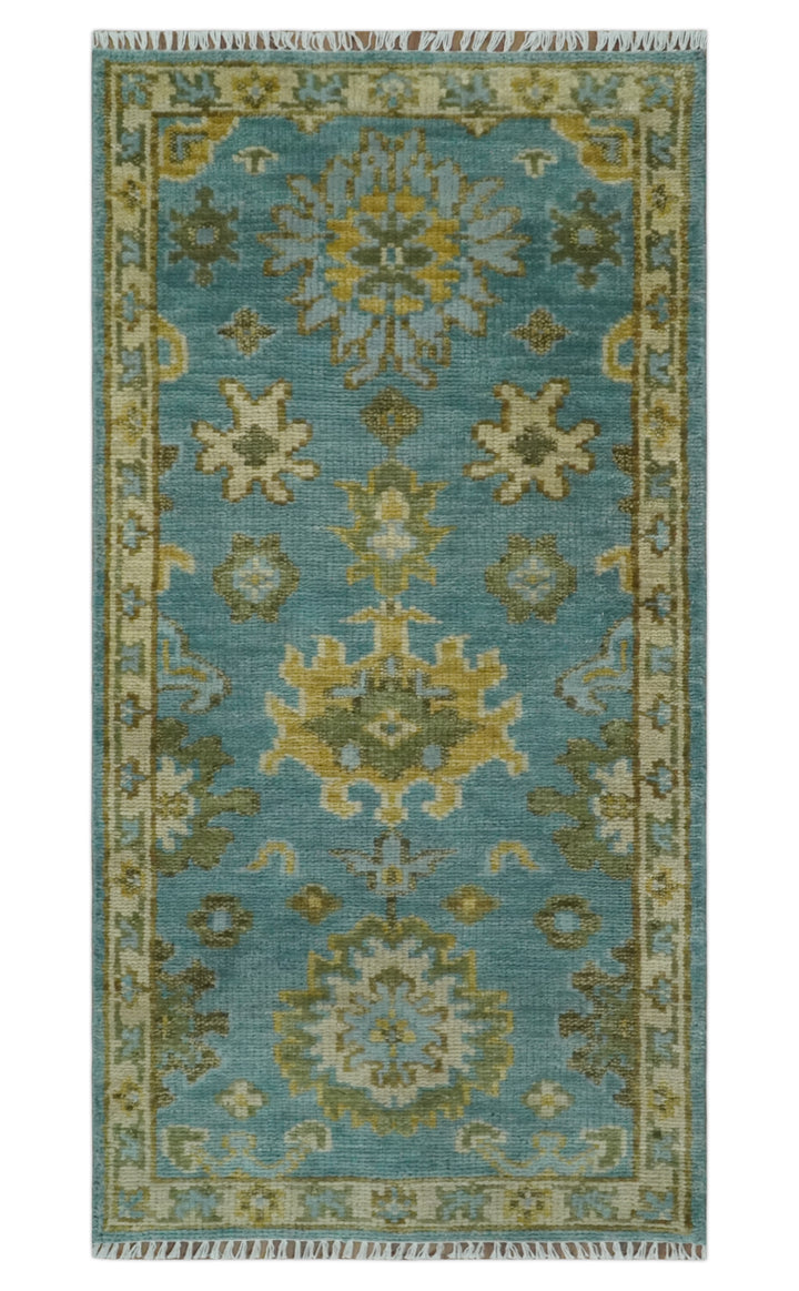 Custom Made Hand Knotted Green And Blue Oushak Runner Wool Rug