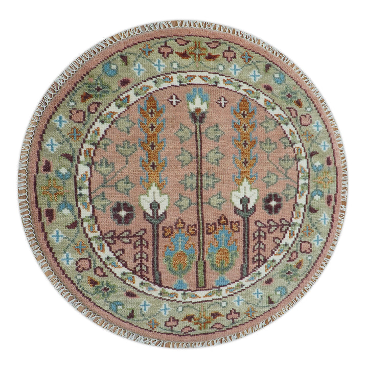 Quick Ship 4x4 Round Hand Knotted Pink and Olive Tree of life Wool Rug