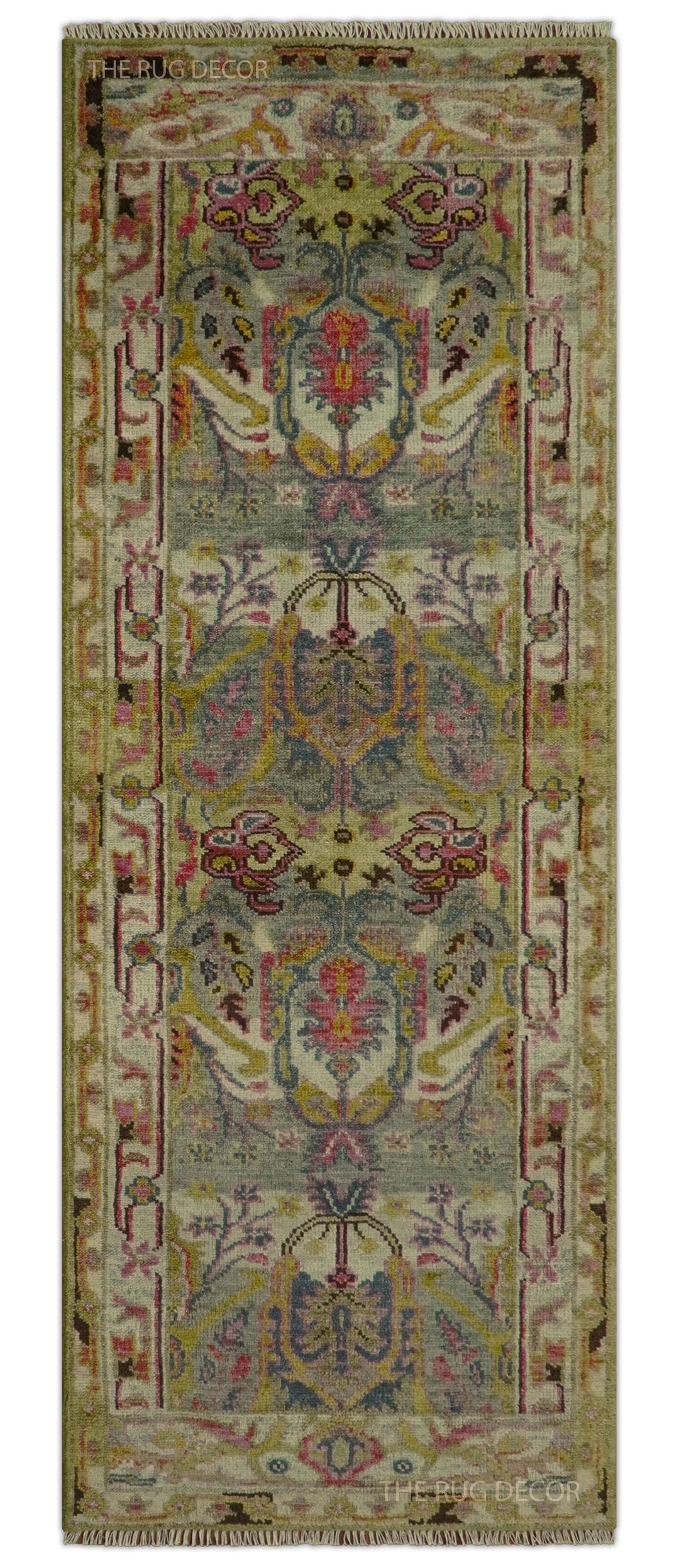 Green, pink, and gold transitional runner rug with an ornate floral pattern and bordered edges