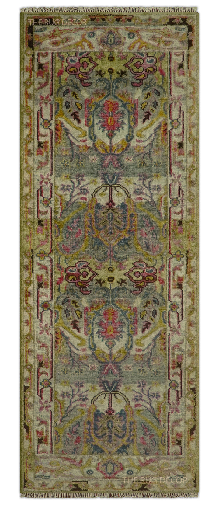 Green, pink, and gold transitional runner rug with an ornate floral pattern and bordered edges