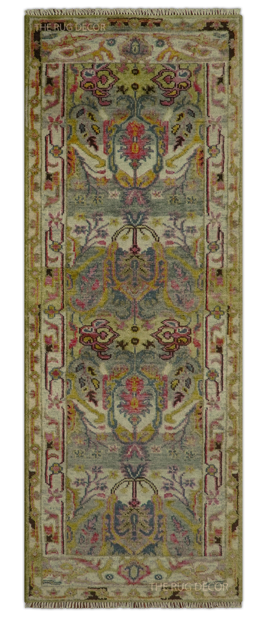 Green, pink, and gold transitional runner rug with an ornate floral pattern and bordered edges