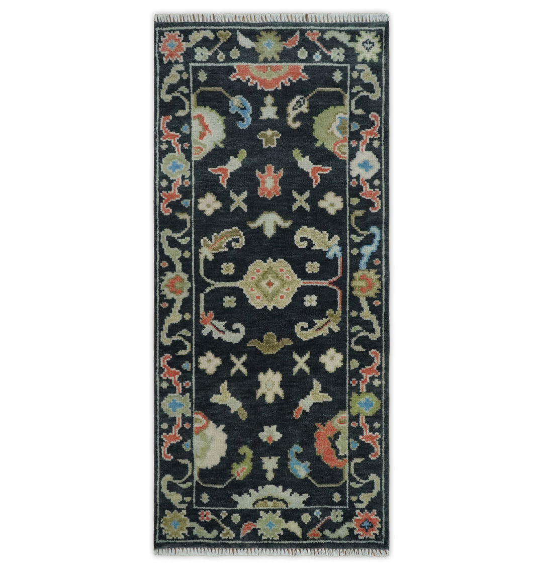 Custom Made Oushak Black And Rust Hand Knotted Runner Wool Rug
