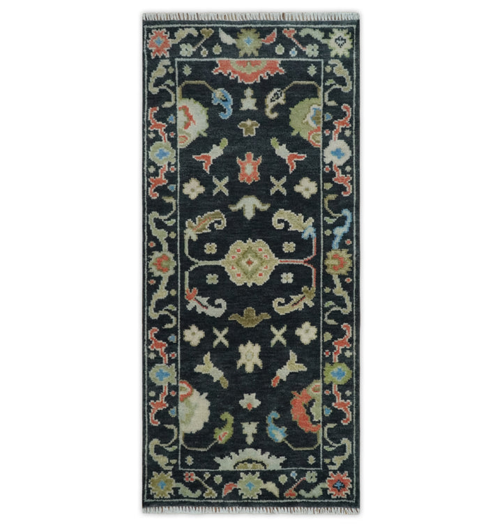 Custom Made Oushak Black And Rust Hand Knotted Runner Wool Rug