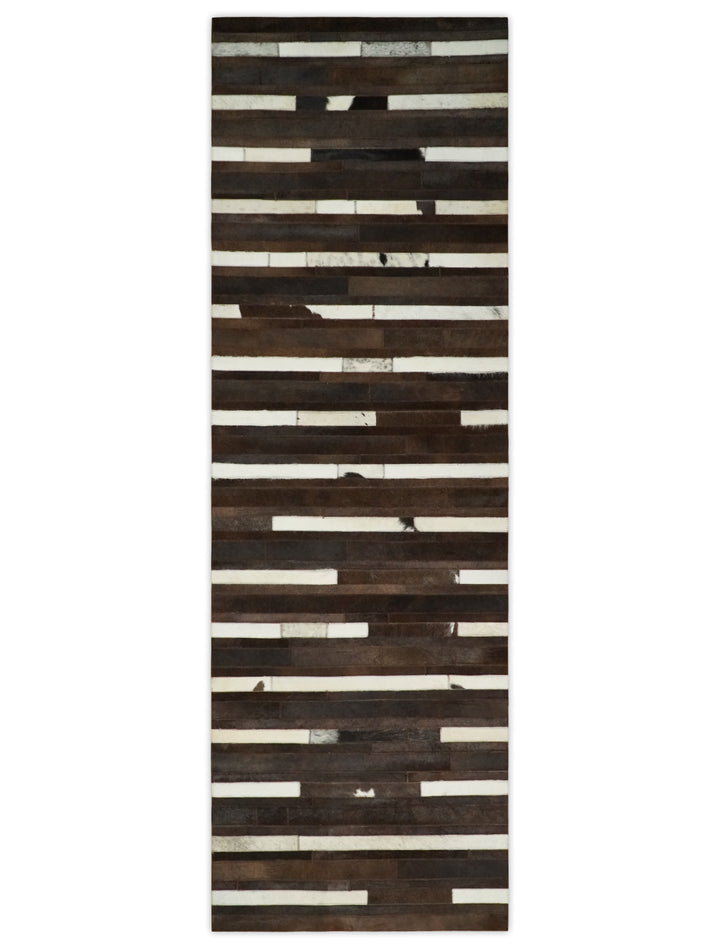 Quick Ship Modern Stripe Pattern Brown And Ivory Handmade 2.6x8 Leather Rug