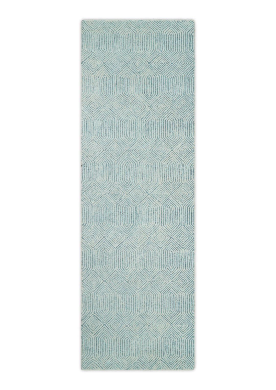 Ready to Ship Teal And Ivory Modern Contemporary Hand Tufted 2.6x8 Wool Rug