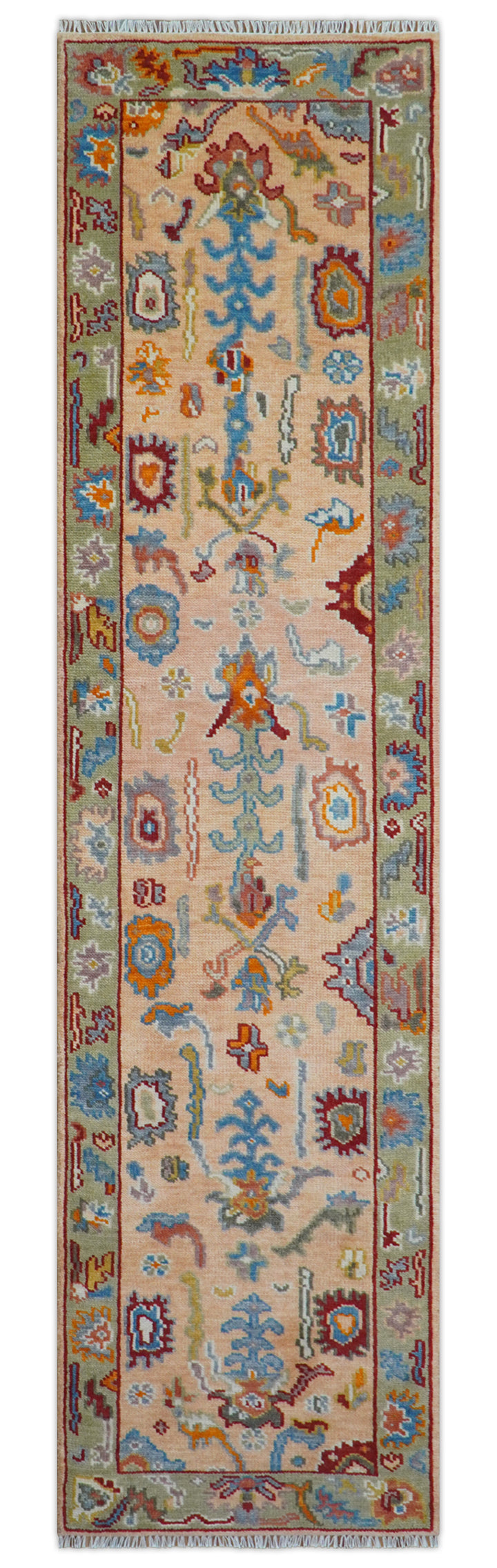 Custom Made Runner Oushak Peach And Green Wool Rug