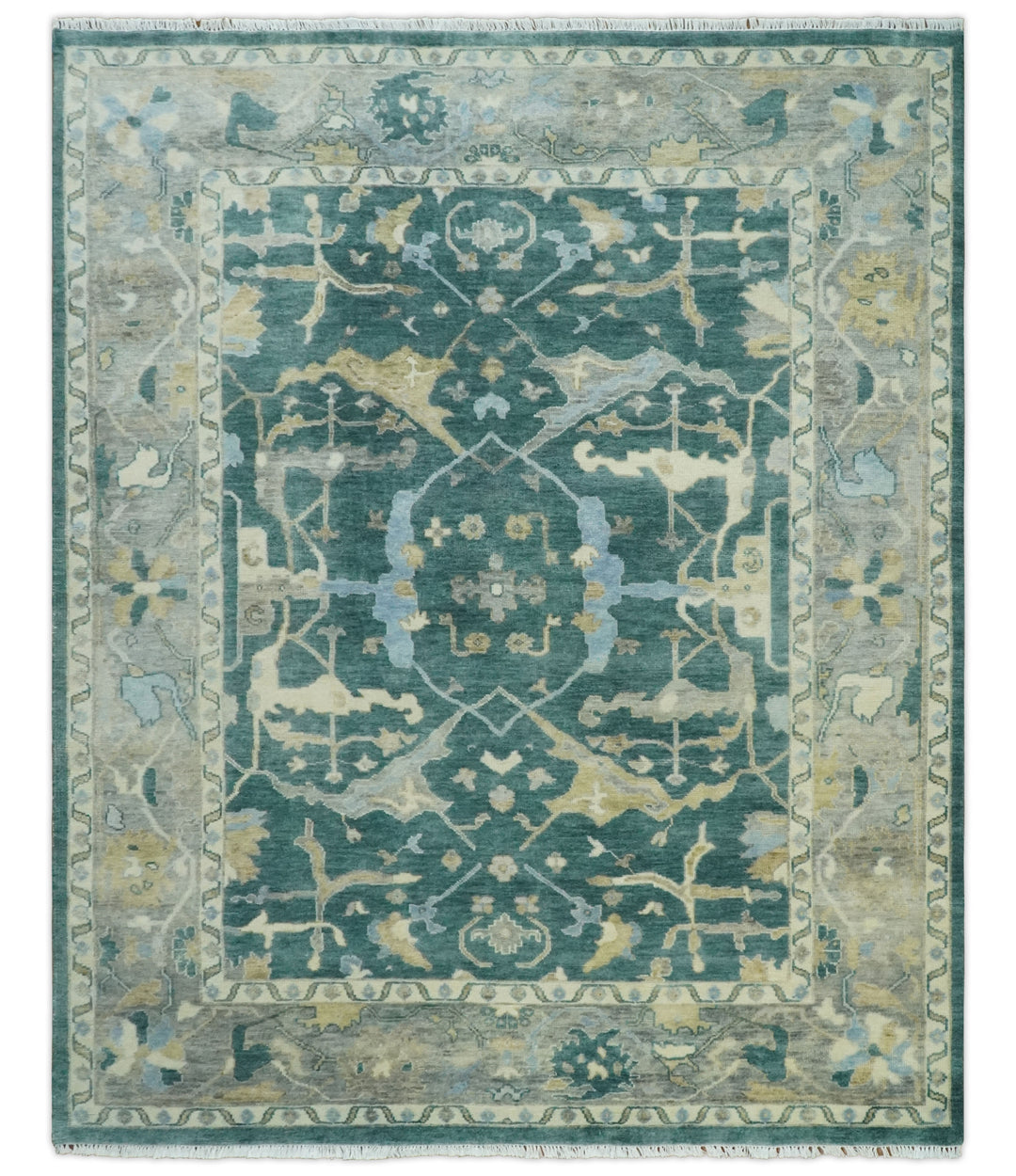 Square teal and beige Oushak wool rug with central lattice medallion and border details.