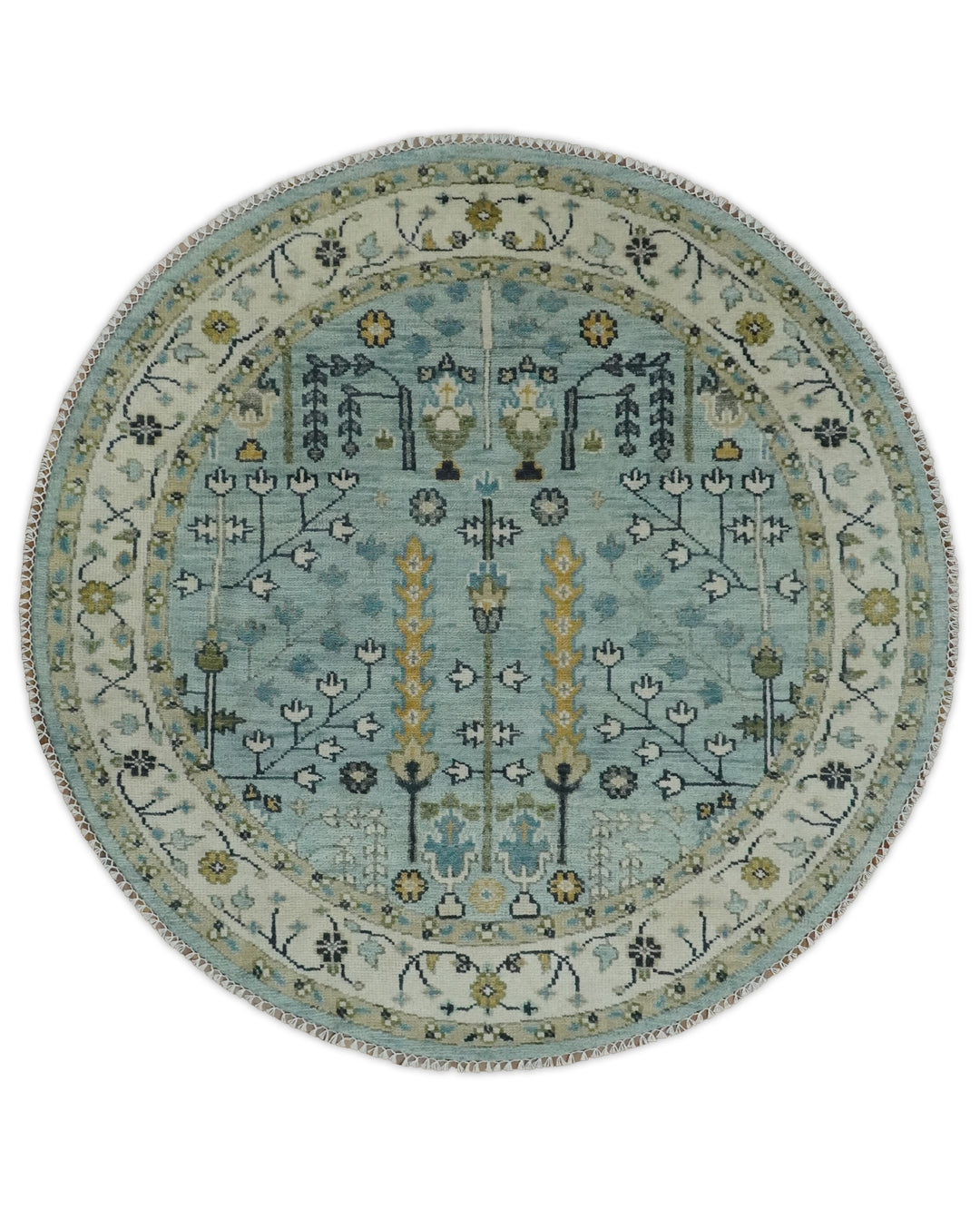 Custom Made Blue And Ivory Tree of life Round Hand Knotted Rug