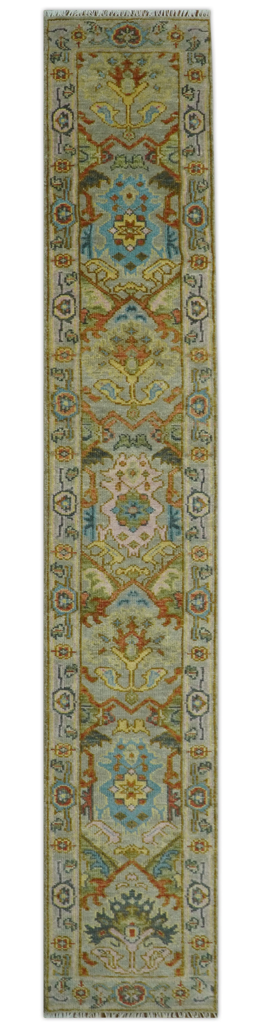 Made to Order Traditional Olive And Blue Hand Knotted Runner Wool Rug