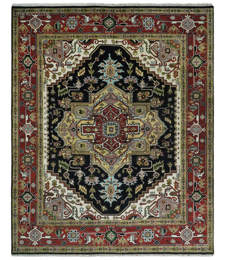 Hand-knotted wool rug with black center medallion and red border, traditional Serapi pattern