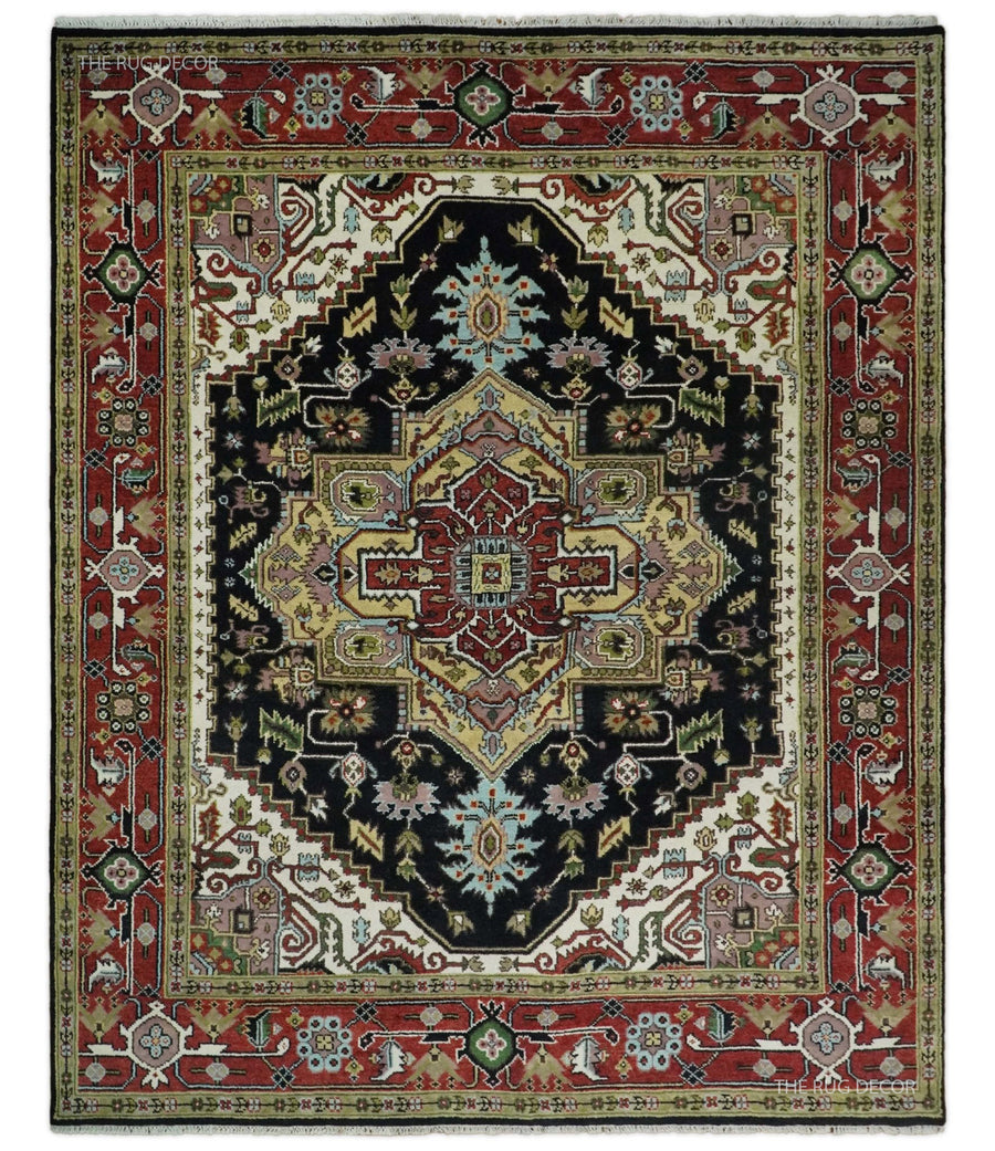 Hand-knotted wool rug with black center medallion and red border, traditional Serapi pattern