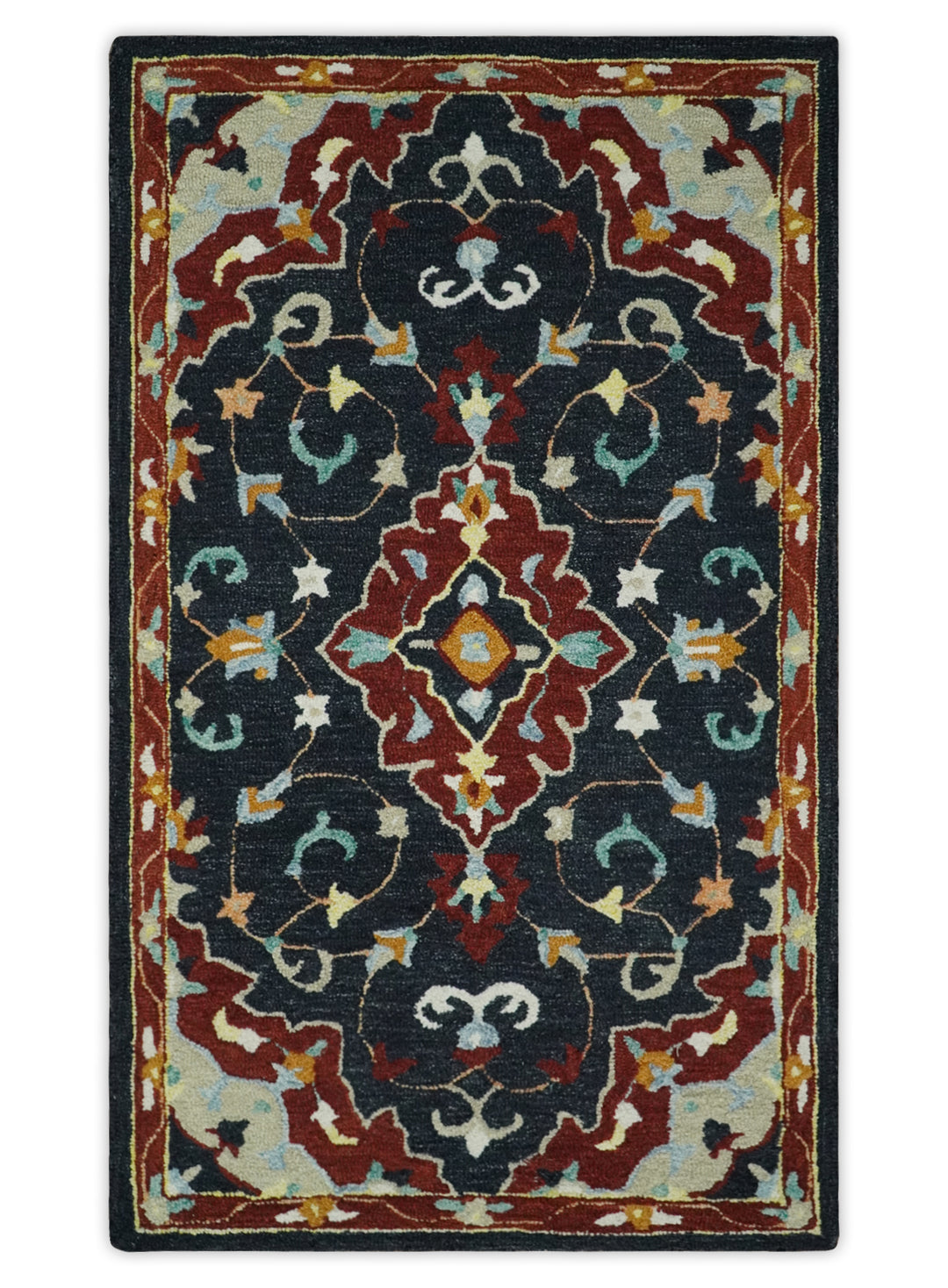 Quick Ship Traditional Charcoal And Maroon Hand Tufted 3x5 Wool Rug