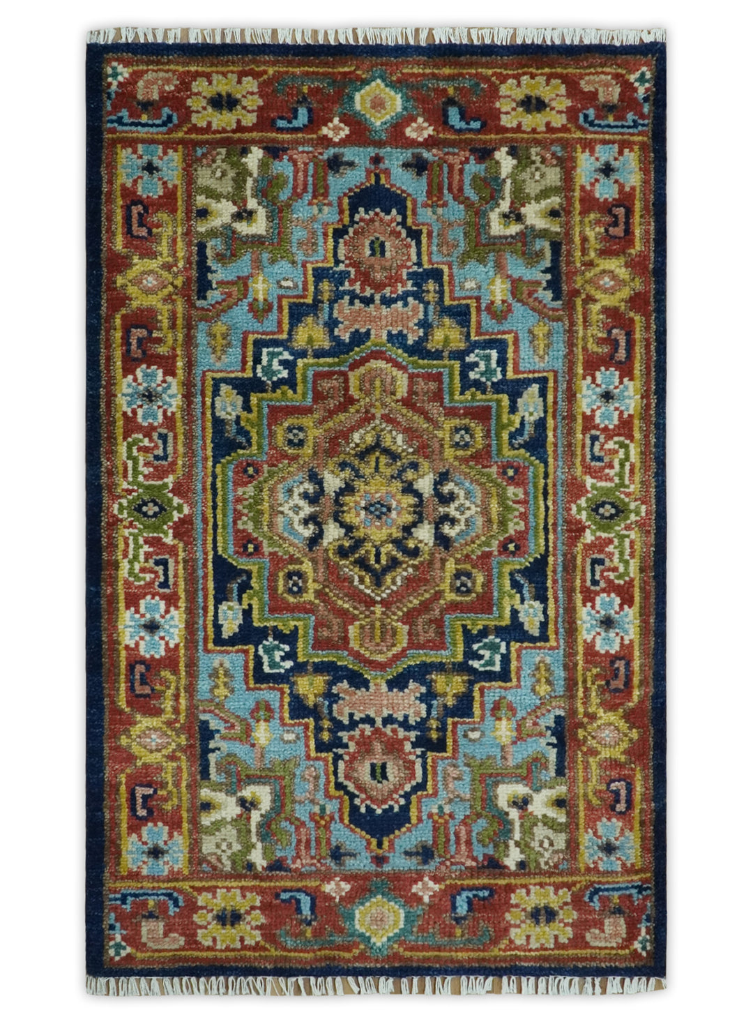 Custom Made Hand Knotted Traditional Rust And Blue Runner Wool Rug