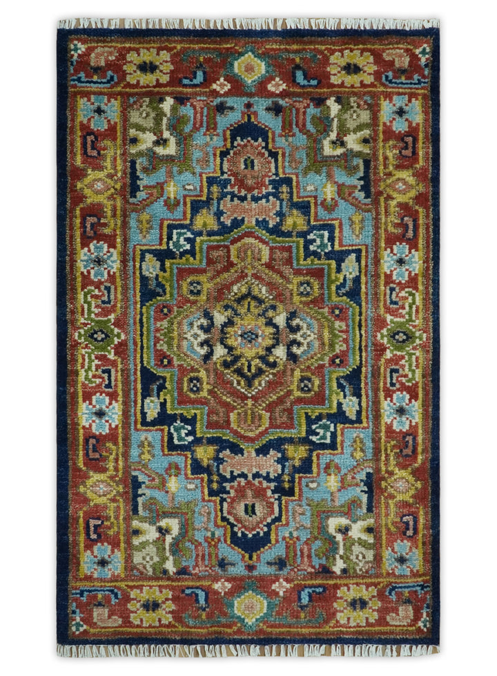 Custom Made Hand Knotted Traditional Rust And Blue Runner Wool Rug