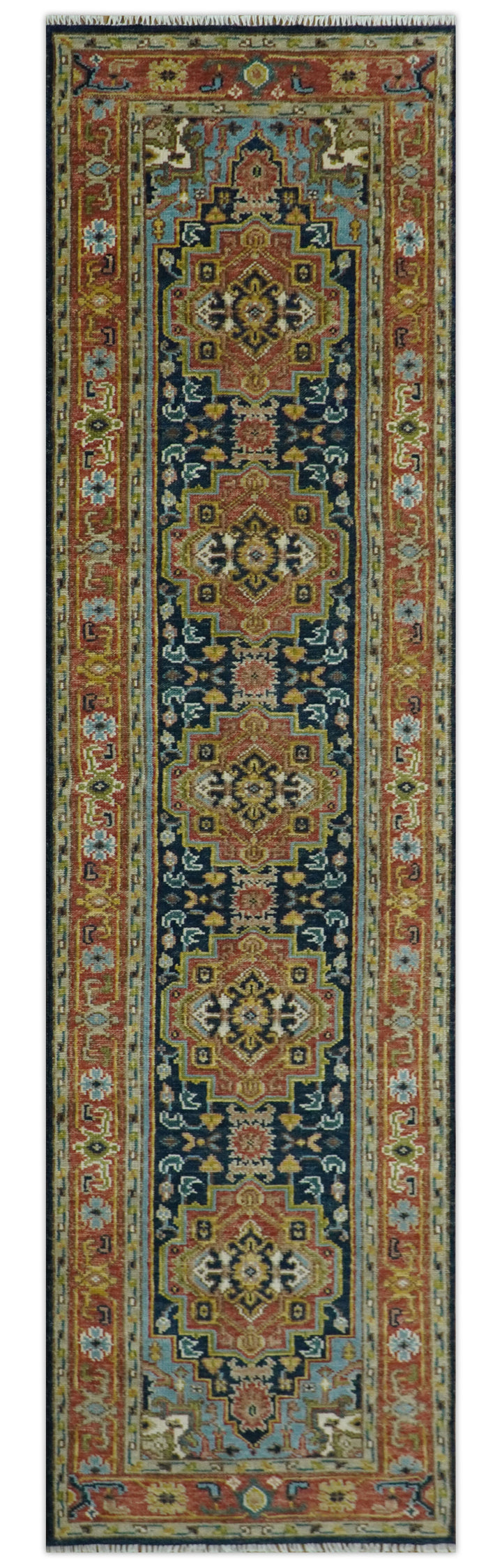 Custom Made Hand Knotted Traditional Rust And Blue Runner Wool Rug