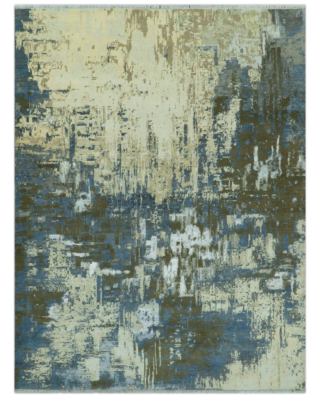 Modern Abstract Design Beige And Blue 9x12 Hand Knotted Wool Area Rug