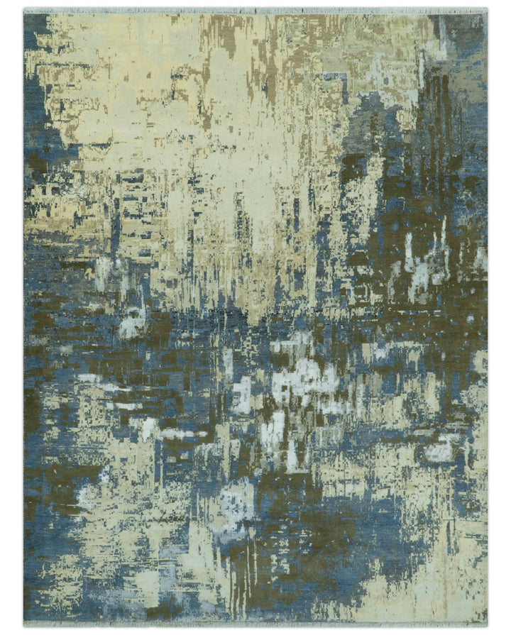Modern Abstract Design Beige And Blue 9x12 Hand Knotted Wool Area Rug