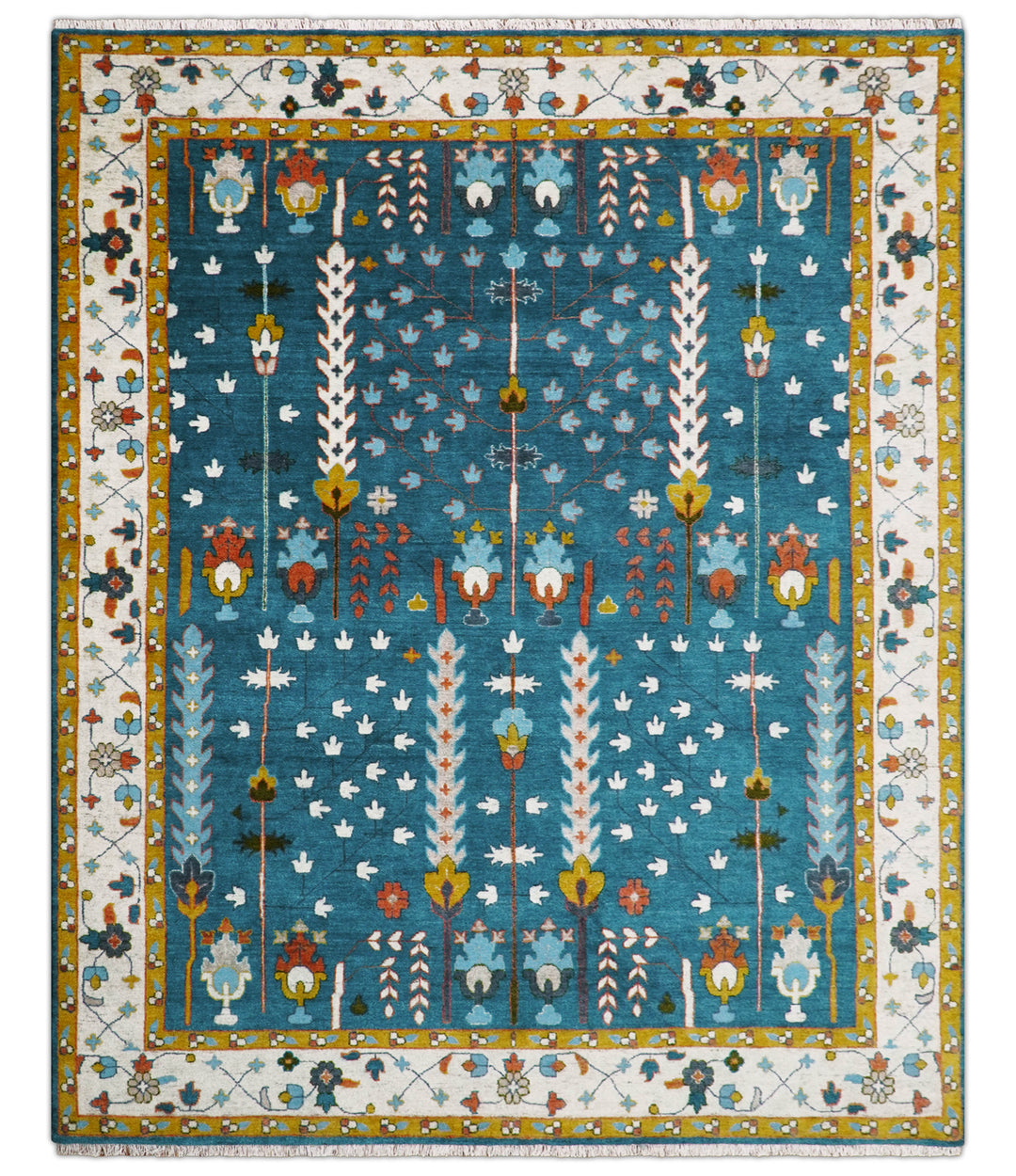 Fine Teal And Ivory Traditional Tree of life Hand Knotted Wool Rug