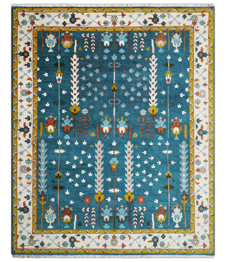 Fine Teal And Ivory Traditional Tree of life Hand Knotted Wool Rug