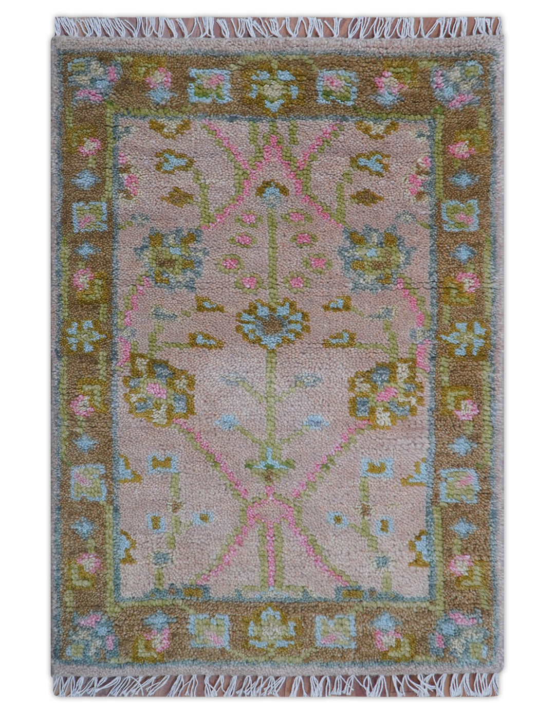 Traditional Peach And Brown Hand Knotted 2x3 Wool Rug