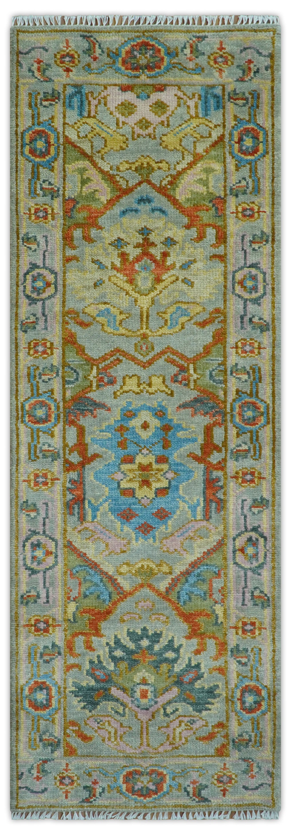 Made to Order Traditional Olive And Blue Hand Knotted Runner Wool Rug