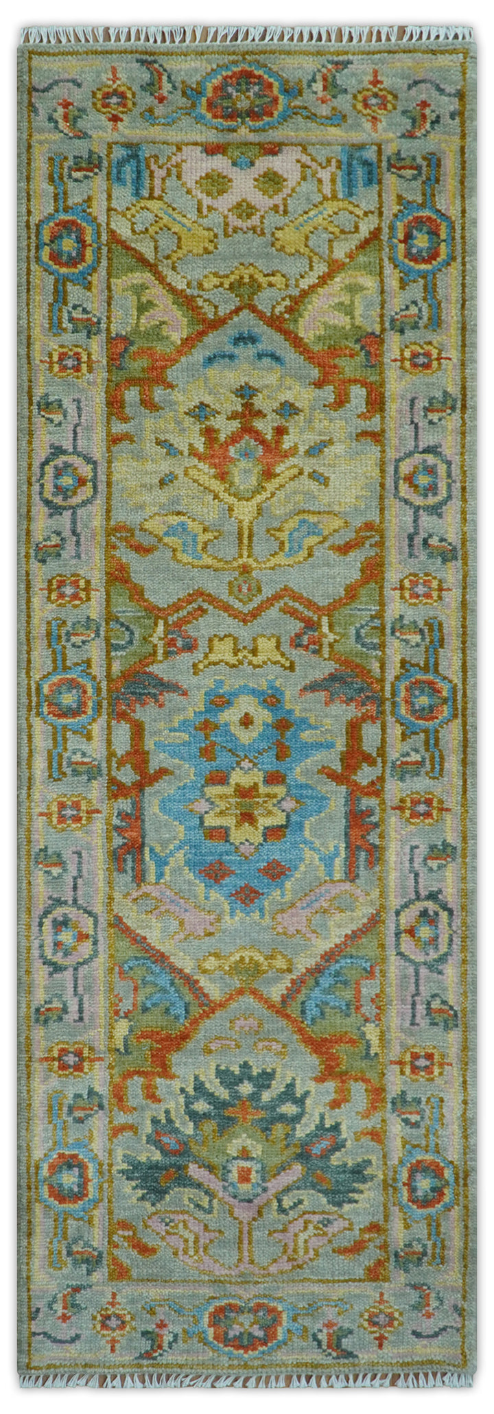 Made to Order Traditional Olive And Blue Hand Knotted Runner Wool Rug