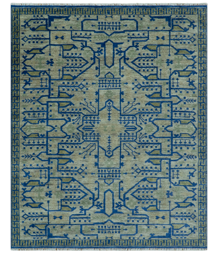Blue And Beige Modern Design Hand Knotted Custom Made Wool Area Rug