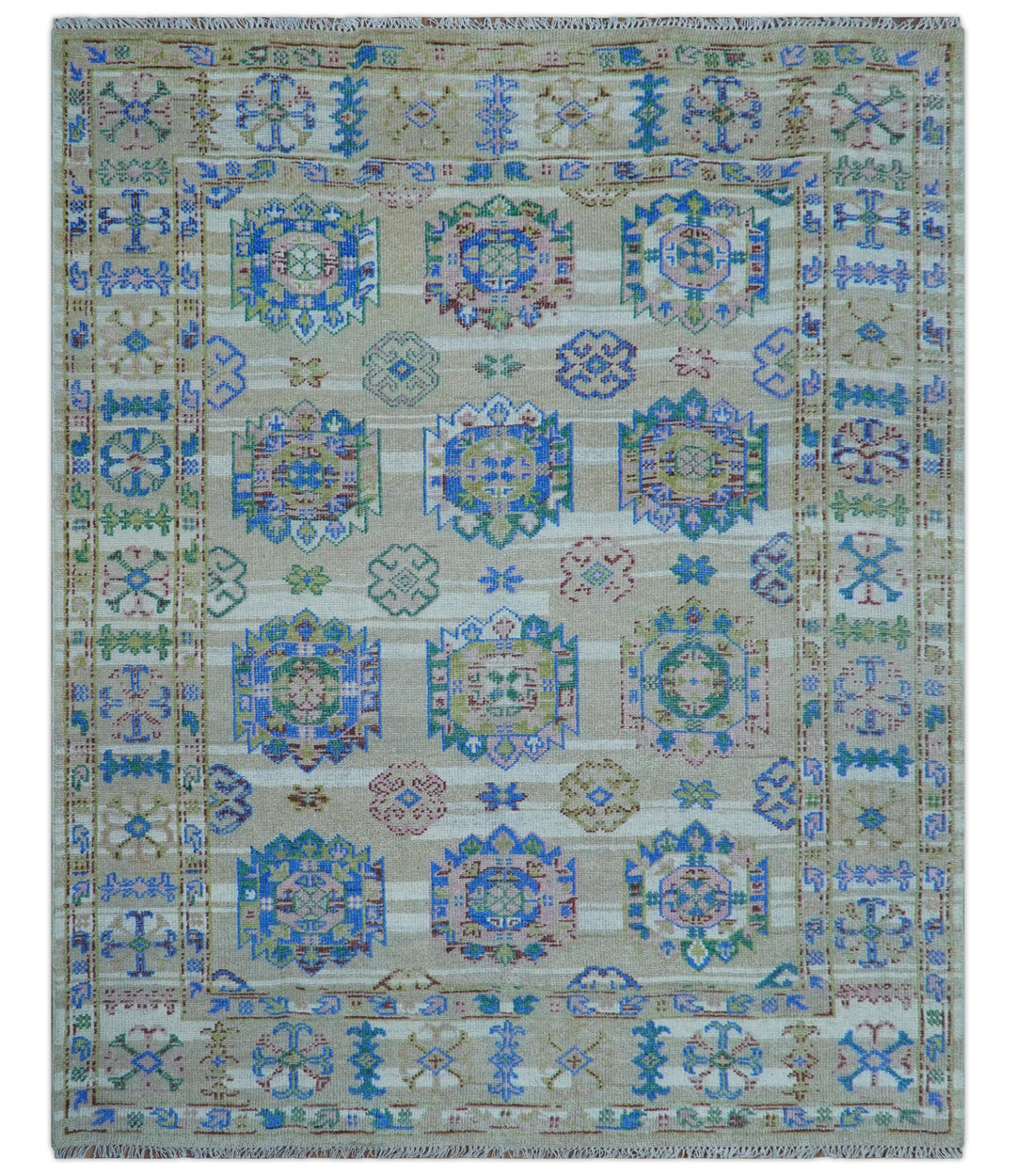 Quick Ship Beige And Blue Transitional Hand Knotted 8x10 Wool Rug