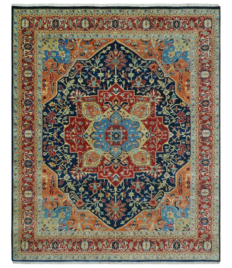 Fine Hand Knotted Brown, Blue and Rust Traditional Medallion 8x10 wool area rug