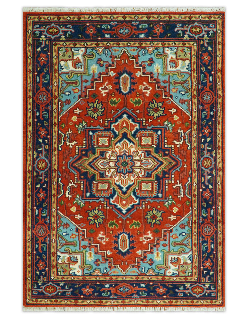 Rust and Blue Hand Knotted Traditional Heriz Serapi Multi Size wool Area Rug