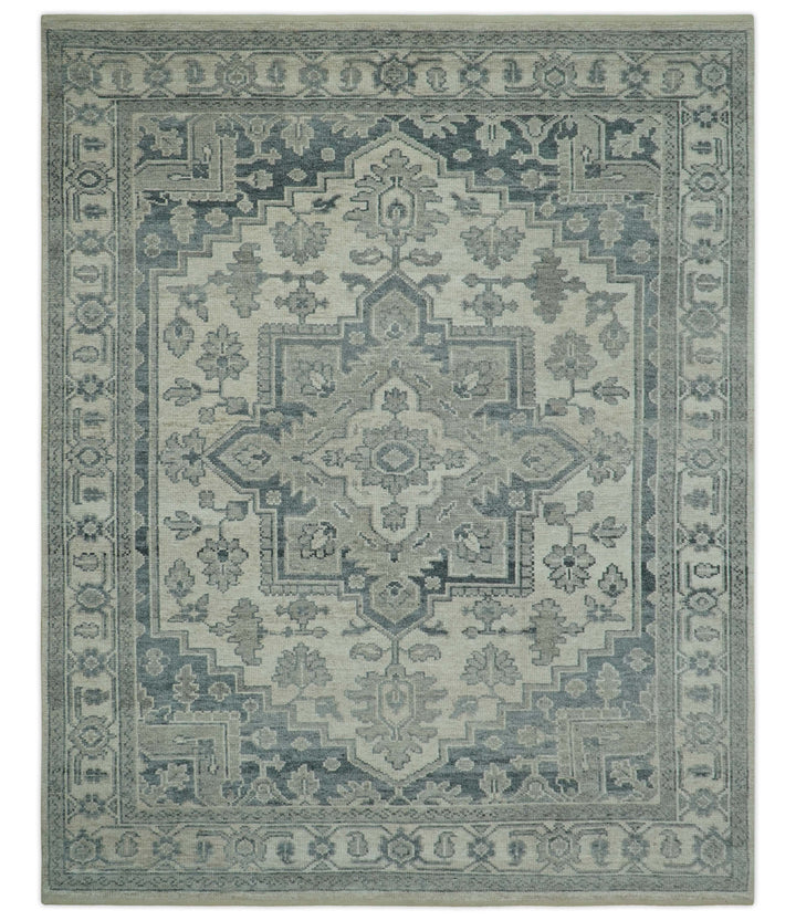 Gray And Beige Turkish Design Hand Knotted Custom Made Wool And Linen Rug
