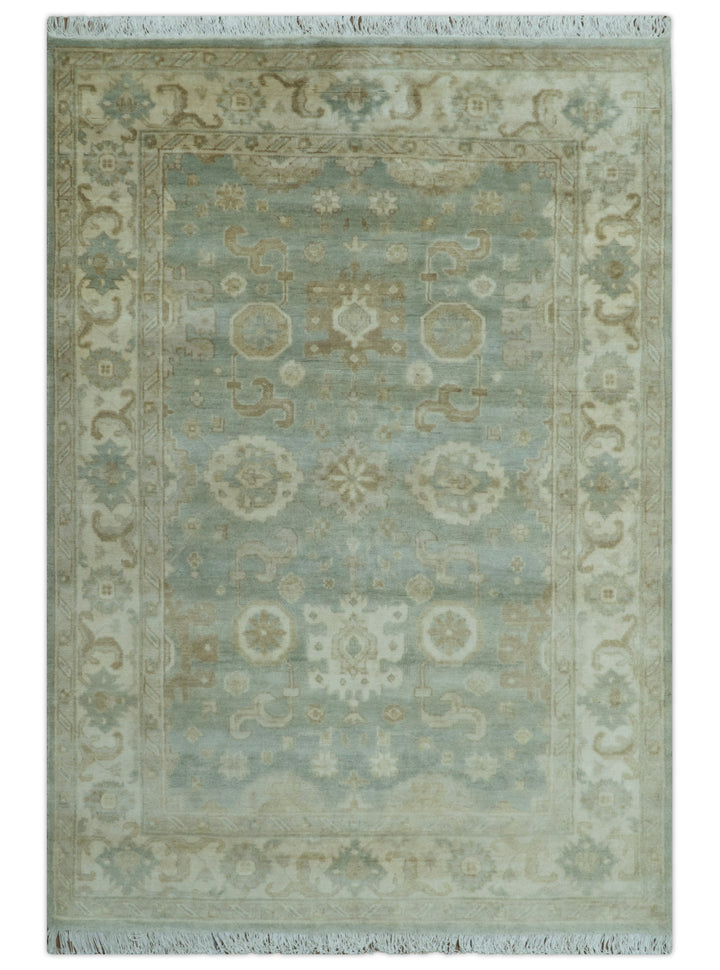 Beige And Blue Traditional Oushak Design  6x9 Hand Knotted Wool Area Rug