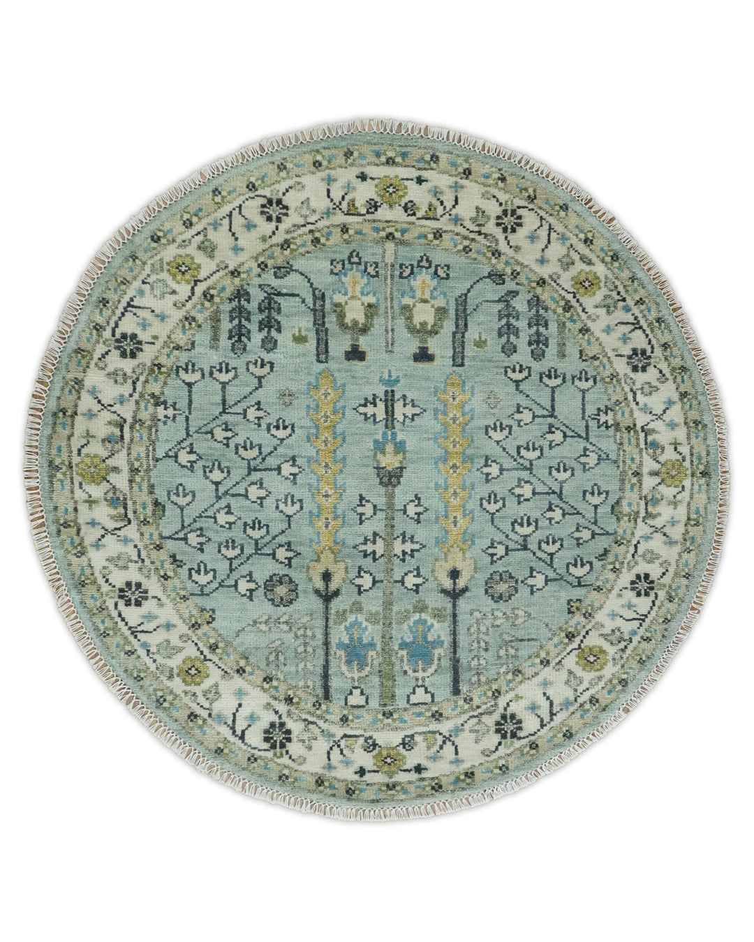 Custom Made Blue And Ivory Tree of life Round Hand Knotted Rug