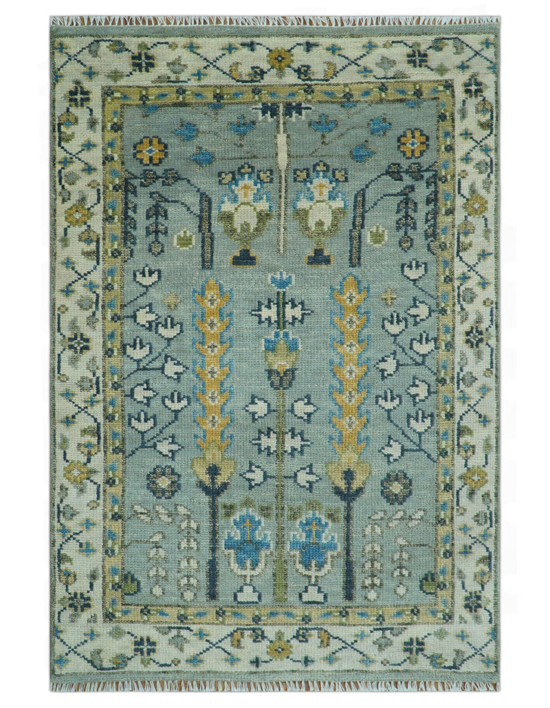 Tree of life Silver and Ivory Hand Knotted Traditional Oushak Multi Size Wool Area Rug