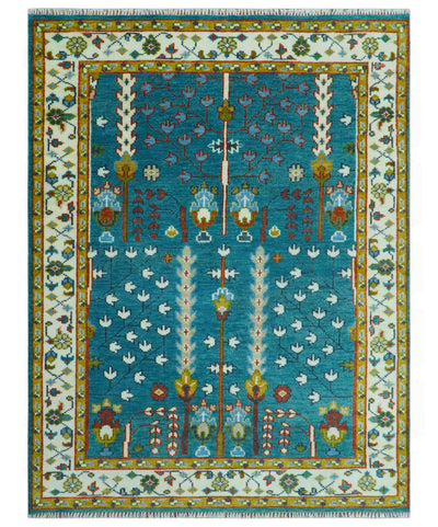 Tree of Life Traditional Hand Knotted Teal Blue and Ivory Custom Made Wool Area Rug