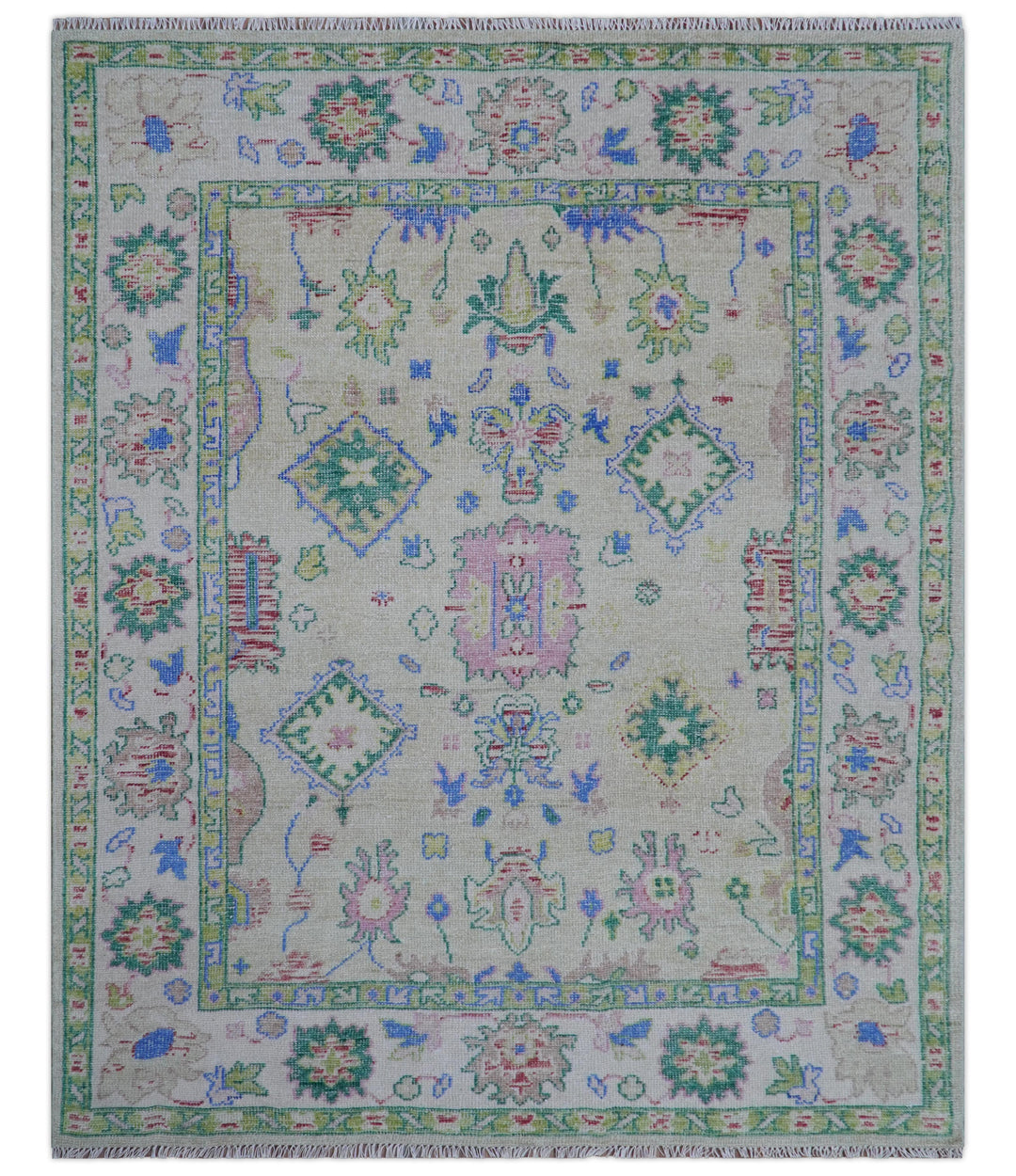 Quick Ship 8x10 Modern Oushak Design Beige And Blue Hand Knotted Rug