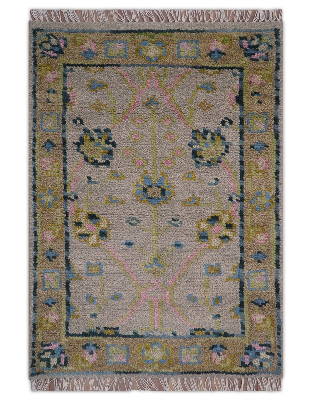 Hand Knotted 2x3 Traditional Style Taupe And Brown Wool Rug