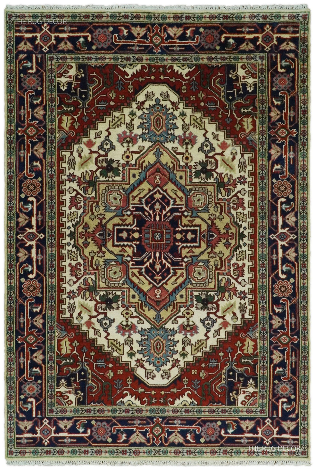 Hand-knotted wool area rug with ivory center medallion, maroon border, and navy accents
