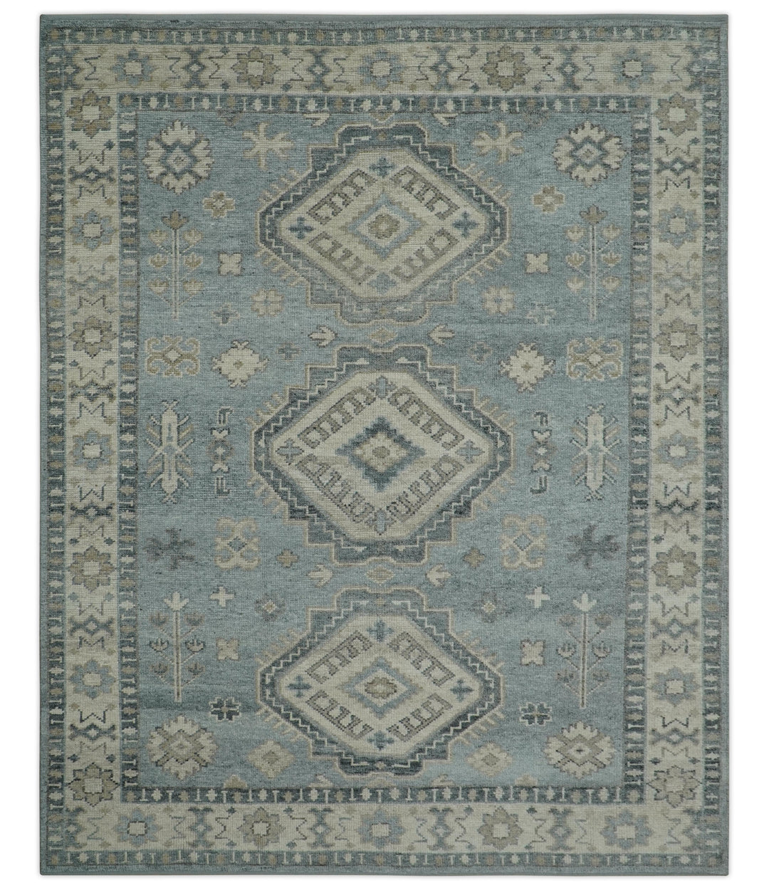 Traditional Medallions Design Blue And Beige Custom Made Wool And Linen Blend Rug