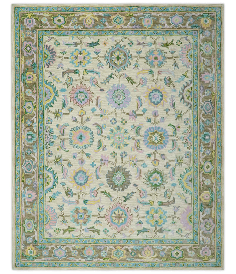 Custom Made Beige, Blue and Purple Traditional Floral Hand Tufted wool rug