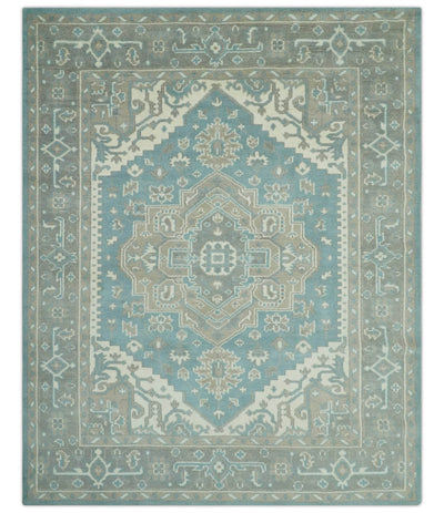 Custom Made Hand Knotted Blue, Ivory, Camel and Gray Traditional Heriz wool rug