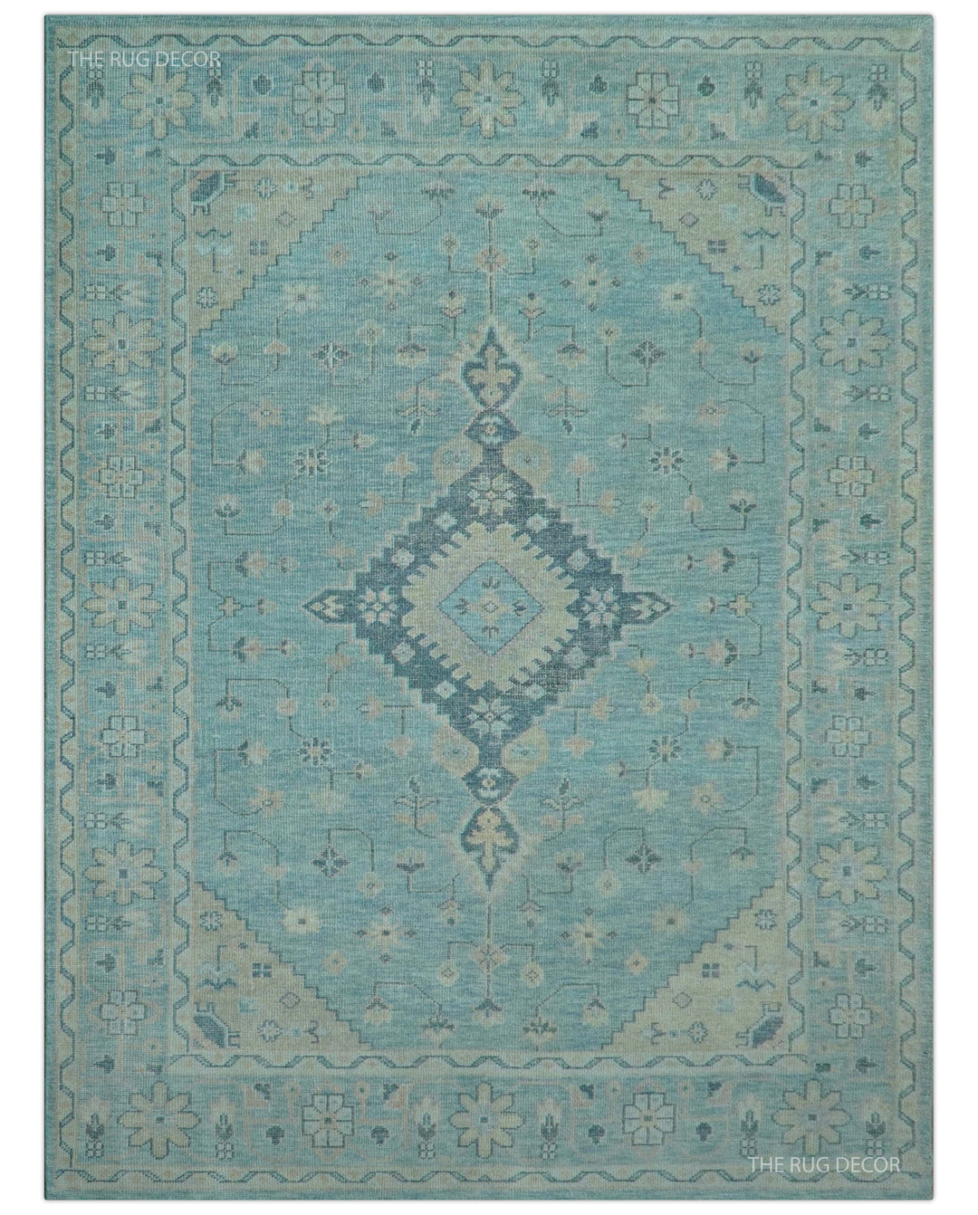 Hand-knotted wool area rug with blue field and beige medallion geometric pattern