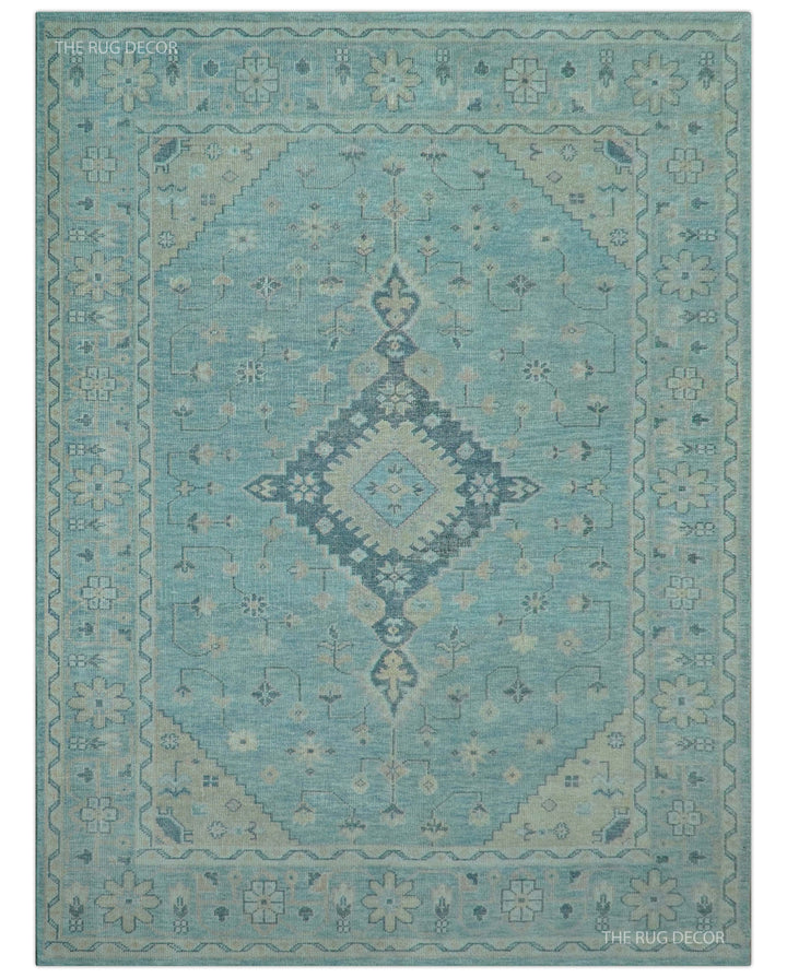 Hand-knotted wool area rug with blue field and beige medallion geometric pattern