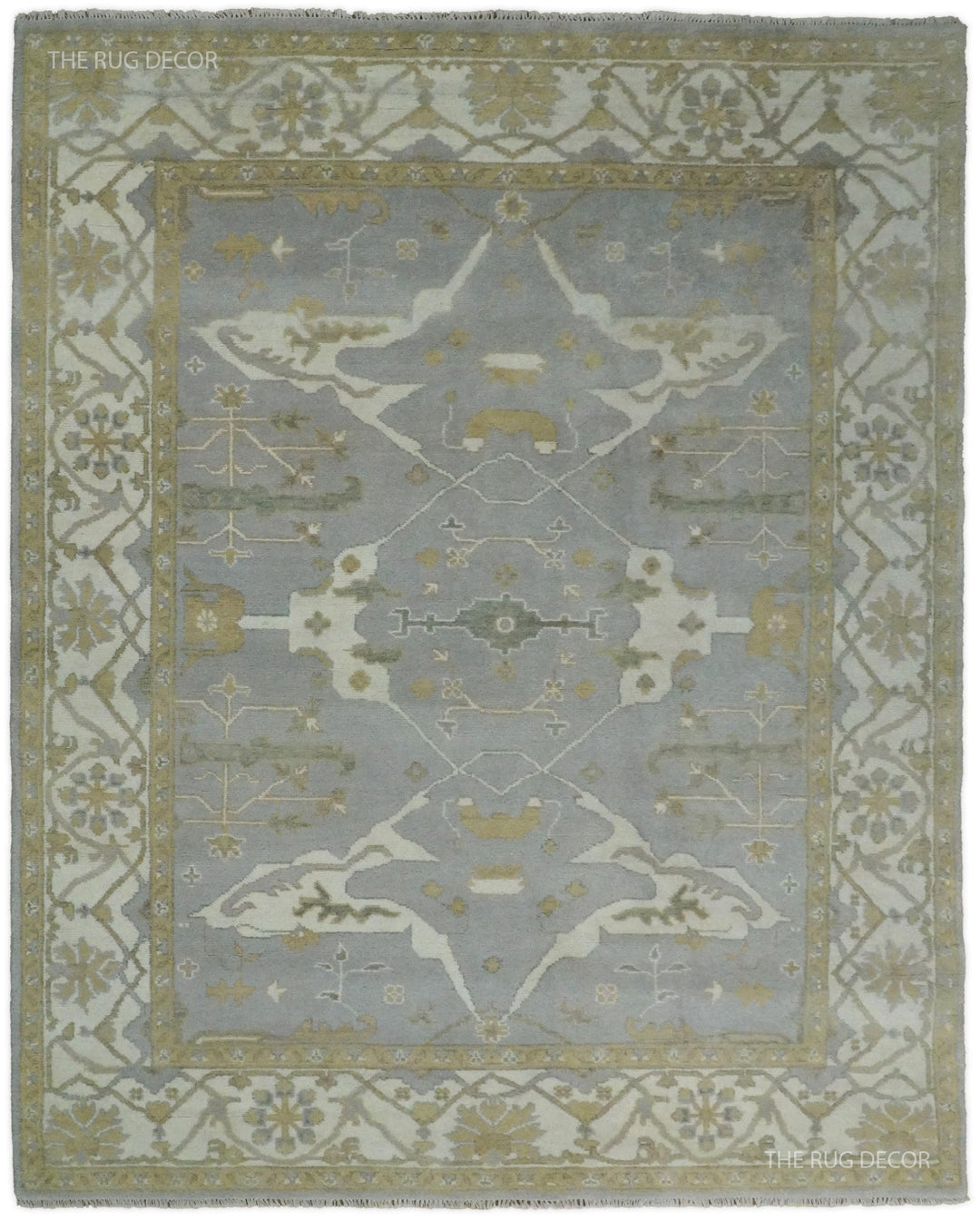 Gray and ivory hand-knotted wool Oushak rug with ornate central medallion and floral border